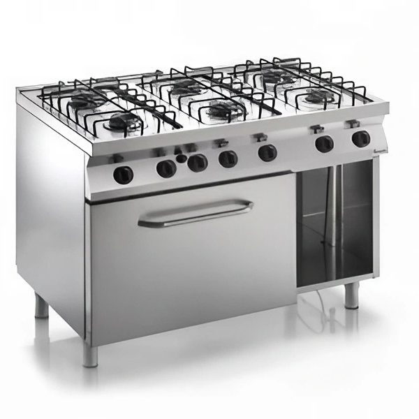 Cucina 6 Fuochi Gas con Griglia in Ghisa P70 con Forno GN 1/2 kW 7,9 Potenza Bruciatori 3,2x3 4,5x3 kW